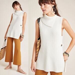 Anthro Cream Chunky Knit Sleeveless Sweater Tunic Women's Size Small Turtleneck